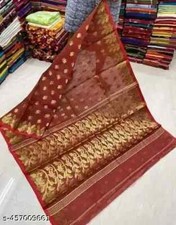 Indian Women's Dhakai Jamdani Cotton Silk Saree Without Blouse Festive Wear Sari