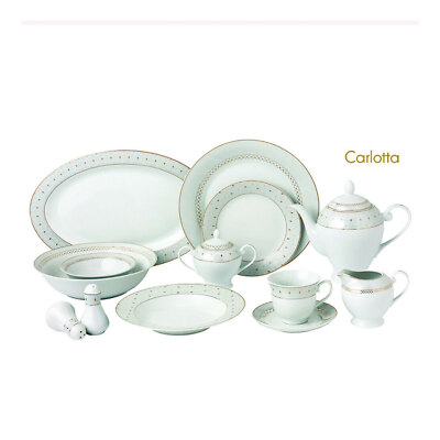 Porcelain 57 Pcs Dinnerware for 8 People, Carlotta-Mix and Match, Silver Border