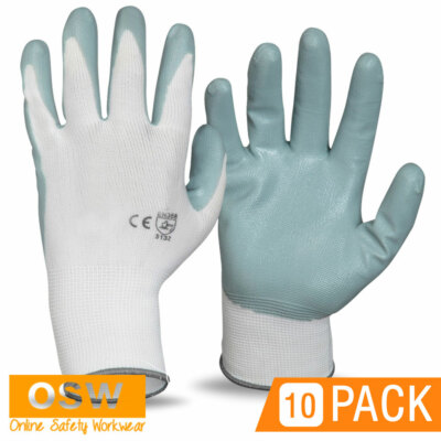 10 x Grey/White Nitrile Tradies Builder Oily/Dry/Wet Grip Mechanic Work Gloves