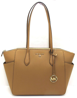NEW MICHAEL KORS MARILYN Saffiano Leather Med Top Zip Shoulder Tote Pale Peanut