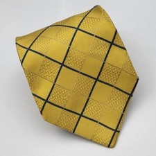Jos A Bank Silk Tie Gold Blue Plaid Geometric Men Necktie Italy 58.5 x 3.75