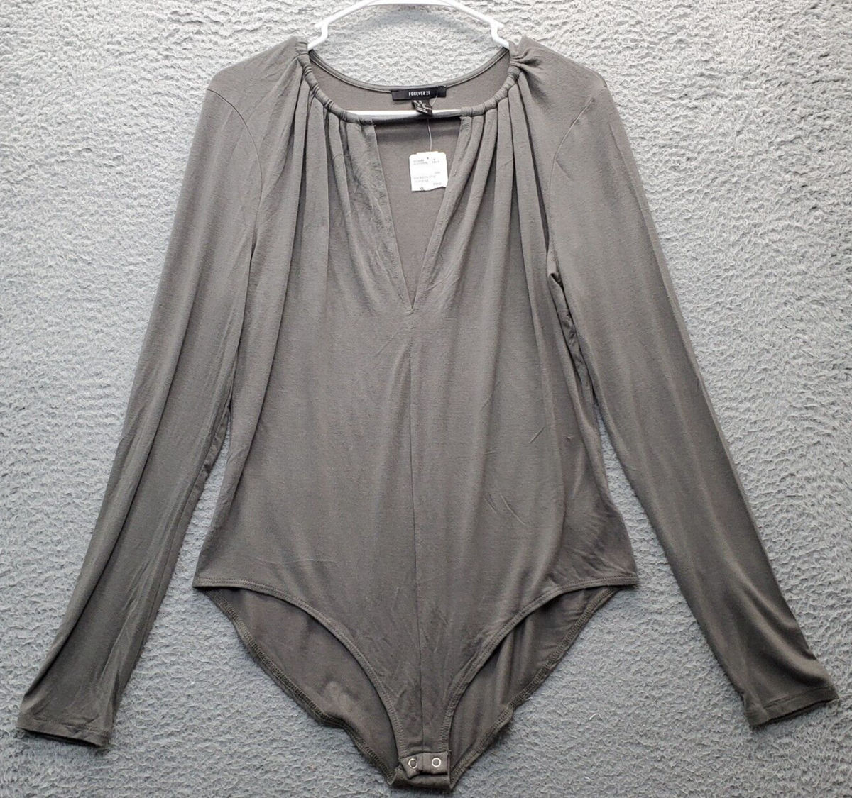 FOREVER 21 Bodysuit Womens XL Gray Knitted Pleated Long Sleeve