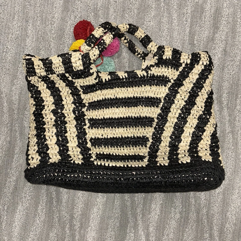 Bolso de Mano de Playa Billabong Talk To The Palm Negro Rayas Pom Pom  Foto 2 de 4