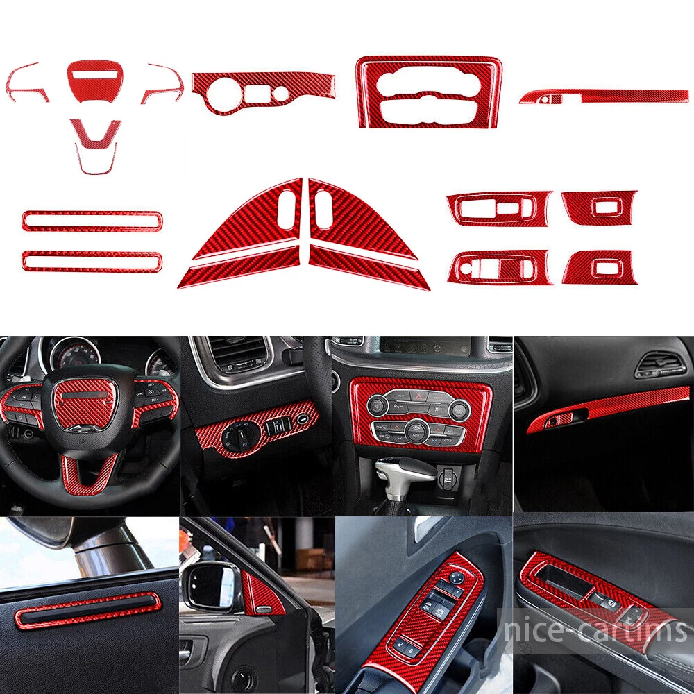 26Pcs For Dodge Charger 15-20 Red Carbon Fiber Interior Full Set Kit Trim  Cover