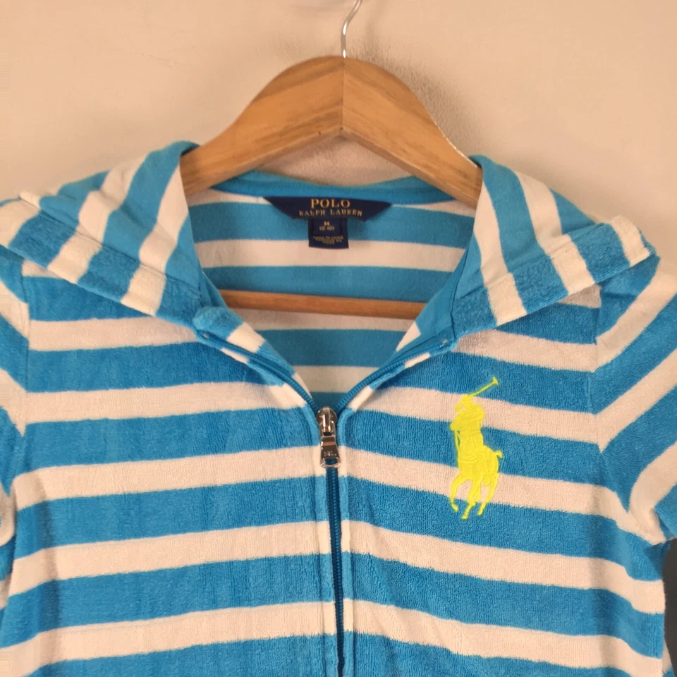 Ralph Lauren boys terry jacket 8-10 years white blue striped hooded zip 111081 - Image 2 of 4