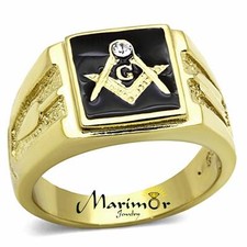 Men's Stainless Steel 14k Gold I.P. Crystal Masonic Lodge Freemason Ring Sz 8-13