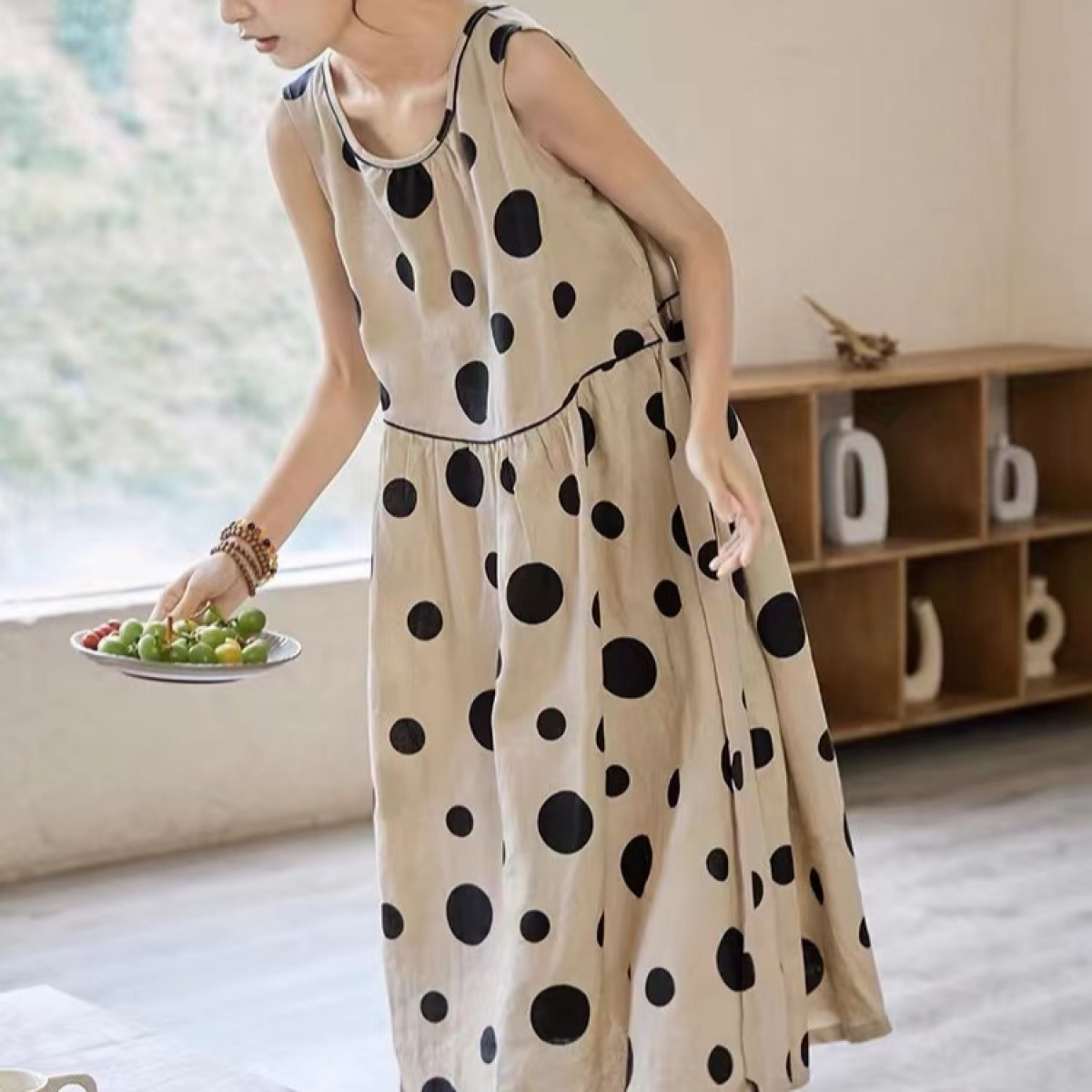 New summer Women Casual Loose Sleeveless Round Neck Apricot Polka Dot Vest  Dress