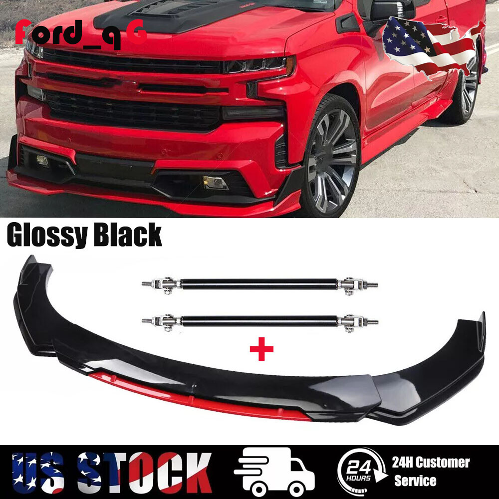 For Chevy Silverado 1500 Glossy Black Front Bumper Red Lip Splitter + Strut Rods