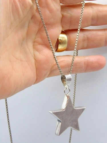 Vintage Solid 925 Sterling Silver~ BIG CELESTIAL STAR Pendant Necklace 24" Chain