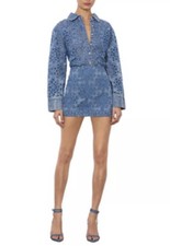 NWT Alice and Olivia Rubi Blue Denim Micro Cut Out Mini Skirt Size 26 MSRP $395
