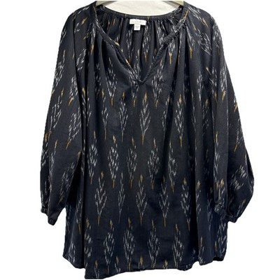J Jill PureJill Womens Top Size 2X Black Bohemian V Neck Raglan 3/4 Puff Sleeves