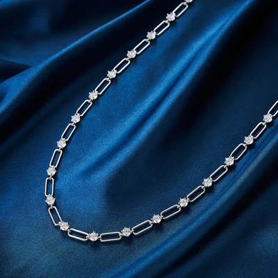 PaperClip Moissanite Sparking Necklace Chain 925 Silver 18 Inch + 2 Inch Ext WG