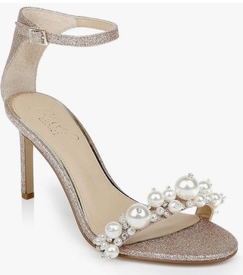 Jewel Badgley Mischka Lassie Open-Toe Wedge Heel Gold Size 10 Pearls