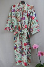 Indian Bird Printed Green Cotton Robes Long Kimono Sleepwear Night Kimono Robe