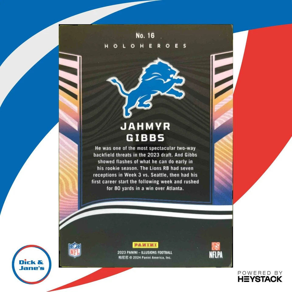 2023 Panini Illusions Jahmyr Gibbs HoloHeroes Rookie #16 RC Detroit Lions - Image 2 of 4