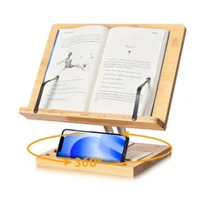 Book Stand for Reading, Adjustable Holder with 360° Rotating Base & Page Clip...