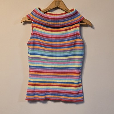  Vintage Pierre Cardin Ribbed Mock Neck Tank Top Striped Y2K 90s Cotton Summer