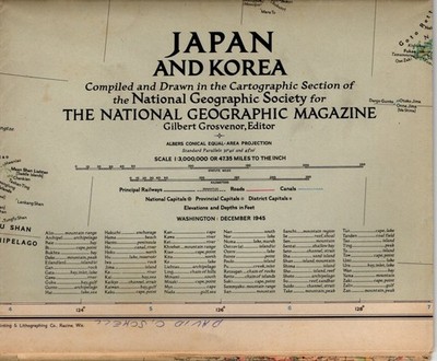 VINTAGE JAPAN AND KOREA MAP National Geographic  Dev 1945.  37x29 Inches