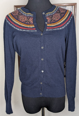 LUCKY BRAND SZ M Wool/Cotton Deep Navy & Rusty Orange Beaded Cardigan Sweater