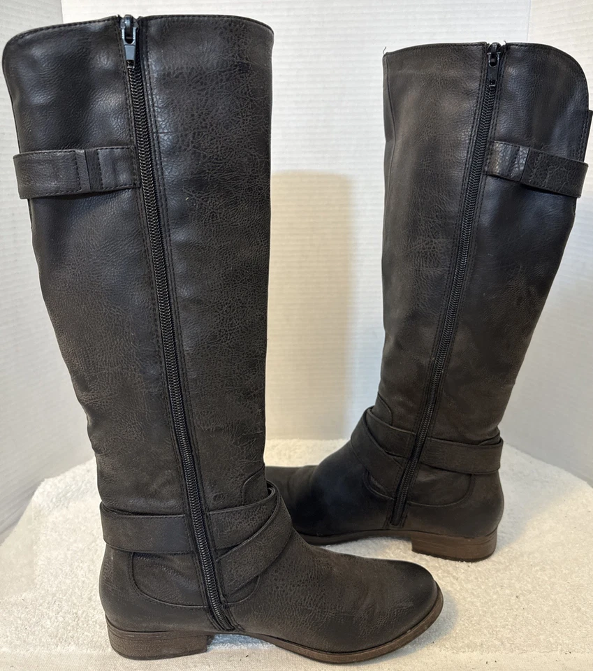 Botas altas Crown Vintage para mujer Bobbie marrón oscuro envejecidas moto hebilla talla 7M Foto 3 de 4