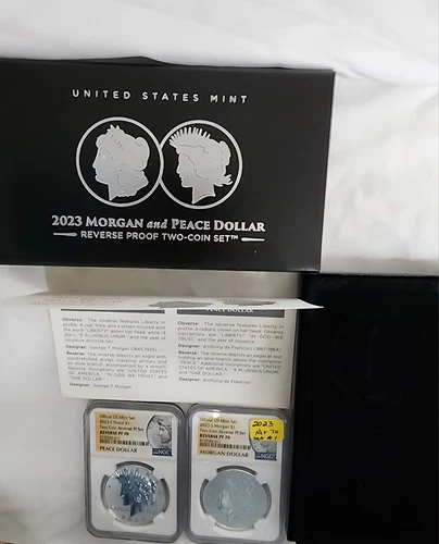 2023-S MORGAN & PEACE DOLLAR REVERSE PROOF SET FIRST DAY  FDOI # FDI  NGC PF70