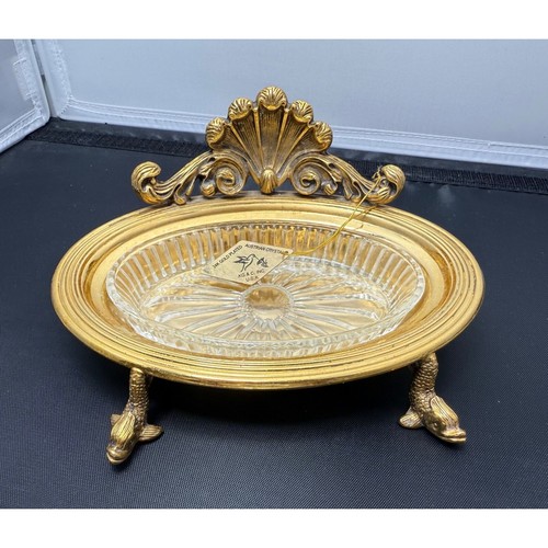 Vintage soap Dish 24Kt Gold Plated Austrian Crystal fish Feet ashtray 6"