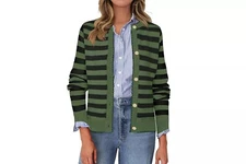 L.L. Bean Womens Vintage Striped Green & Navy Button-Up Cardigan Sweater L