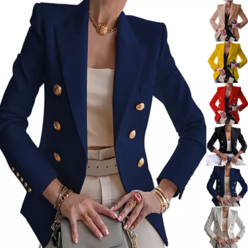 Zweireihiger Damen Blazer Mantel Langarm Revers formell schmale Jacke Oberbekleidung | - Bild 3 von 26