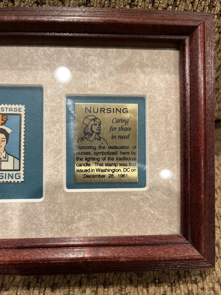 Carimbo de enfermeira emoldurado 1961 4 centavos e pequena placa de metal • Vintage • 4¢ - Imagem 4 de 4