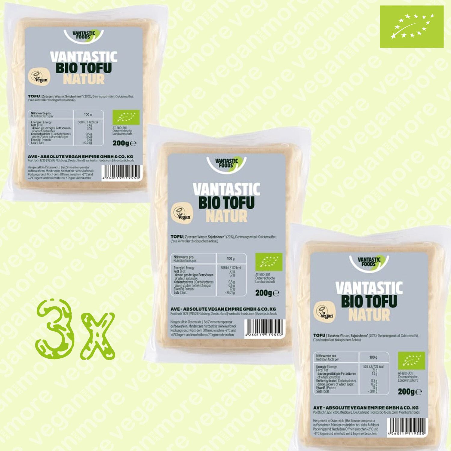 3x Bio Tofu natur je 200 g | vegan | glutenfrei | gentechnikfrei | palmölfrei