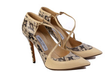 Jimmy Choo Maverick Beige Snake Embossed Leather Pointed Toe T-Strap Pumps 36