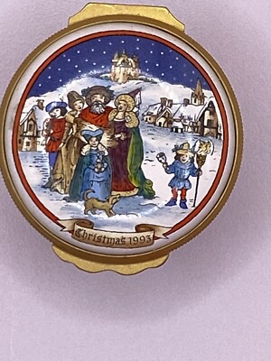 Halcyon Days Enamel Trinket Box Christmas 1993 With Many Scenes Painted On Sides