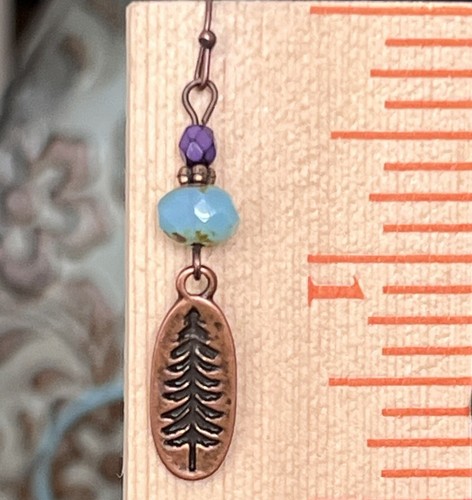 Purple, Blue and Etched Copper Tree Dangle Earrings. Forest. Winter - Picture 3 of 3