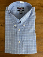 KIRKLAND MEN'S TRADITIONAL FIT NON IRON PLAID DRESS SHIRT BLUE ,17 36/37 NWT
