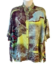Citron Santa Monica Silk Blouse 0X Green-Brown Organic Print Mandarin Collar SS