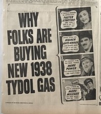 Large 1938 newspaper ad for Tydol Gas - Why Folks are Buying New 1938 Tydol Gas