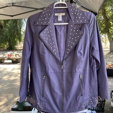 Vtg Roaman's Women's Purple Leather Jacket Zipper Coat Rhinestone Studded 16W
