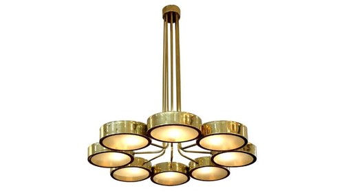 1960s Mid-Century Italian Brass Antique Drum Chandelier Ceiling Lamp 8 Lights - Picture 3 of 7