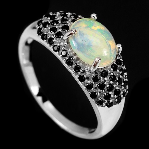 925 Sterling Silver Oval Fire Opal 9x7mm Black Spinel Ring Size 7 - Picture 2 of 10