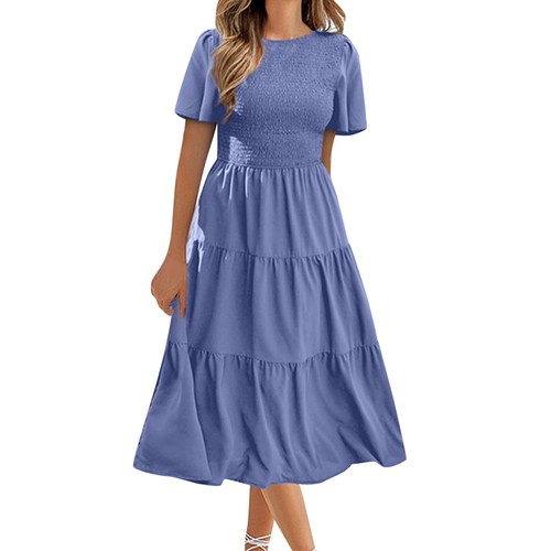 Women Summer Flutter Short Sleeve V Neck Smocked Elastic Waist Casual Midi Dress - Bild 5 von 33