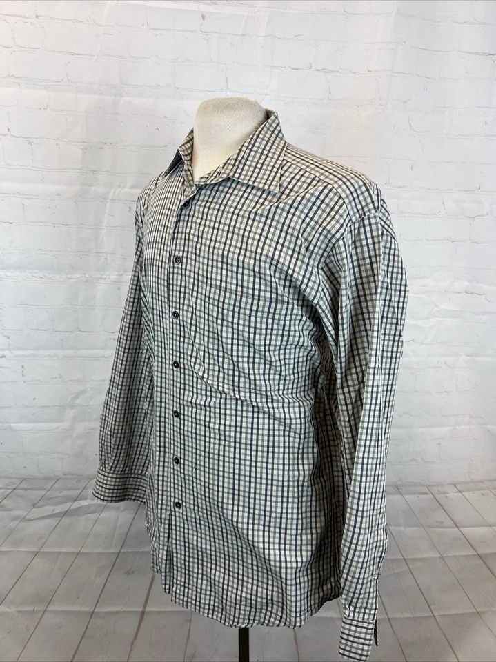 Camisa de vestir vintage de algodón a cuadros gris oliva Hickey Freeman para hombre 15,5 - L $158 Foto 3 de 4