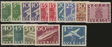Michel 227-238 A, B, 5o - 1 Kr, 300 years of Swedish post 1936
