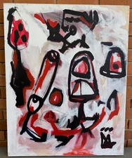 Vintage MCM Red Black Abstract Shapes Modern Art Wall Hanging Mid Century Art