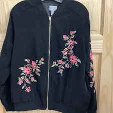 SusanGraver Med Women BlackPink Bomber Jacket Embroidered Flowers Full Front Zip