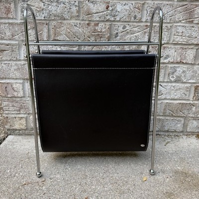 Vintage MCM Contemporary Magazine Rack Chrome With Leather 80s 90s