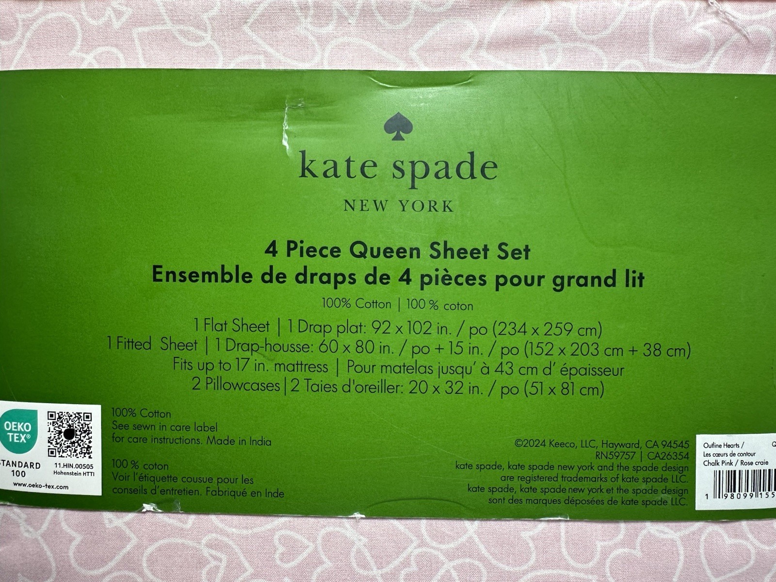 Kate Spade Queen Sheet Set 100% Cotton Percale Chalk Pink  Outline Hearts White thumbnail 5