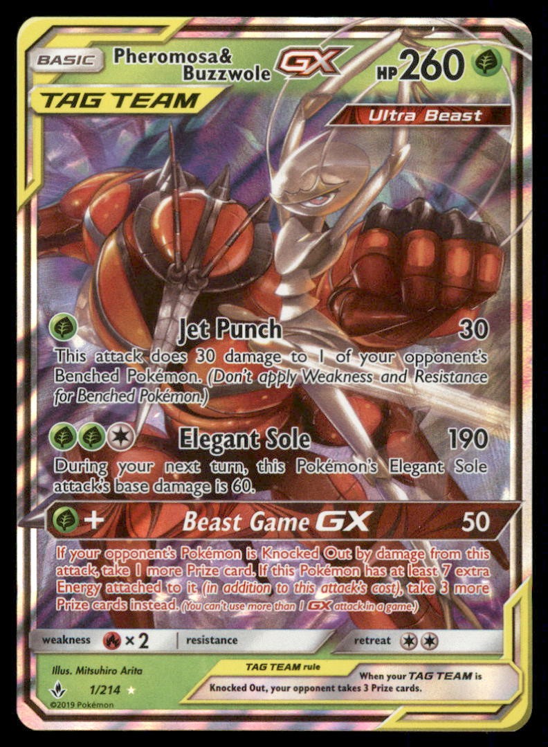 Pheromosa & Buzzwole GX 1/214 Holo Unbroken Bonds Pokemon Card