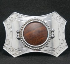 WD15143 VINTAGE 1970s FASHION ARTWORK WOOD AND SILVER WESTERN UNISEX BELT BUCKLE
