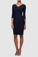 Alex Evenings Women's Navy Blue Embellished Ruched V-Neck Dress Size 14