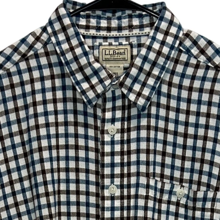 L.L.Bean Mens Plaid Flannel Button Down L Shirt Long Sleeve Cotton Blue Brown